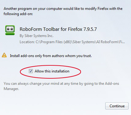 After you install RoboForm on Firefox you may need to enable it. If the toolbar does not appear after step 1, please continue through step 5.