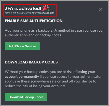 '2FA is activated' with options to add a phone number and download backup codes.