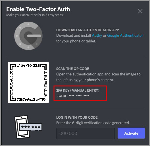 Discord's Two-Factor Authentication setup screen showing QR code, 2FA key for manual entry, and login verification code entry field.