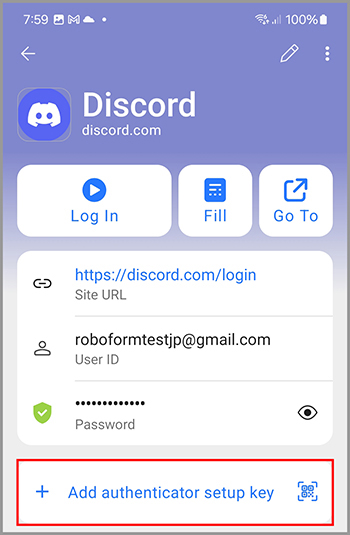 Login details with an option to add an authentication key at the bottom.