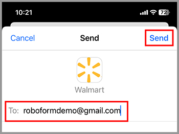 RoboForm send button with the login prepared to send to a recipient, email address entered.