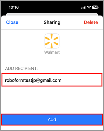 Sharing login option, with an email address input field and 'Add' button highlighted.