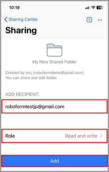 Recipient's email being added to a shared folder with an option to set the role to 'Read and write.'