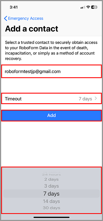 RoboForm tools tab with blue button to add a new emergency contact.