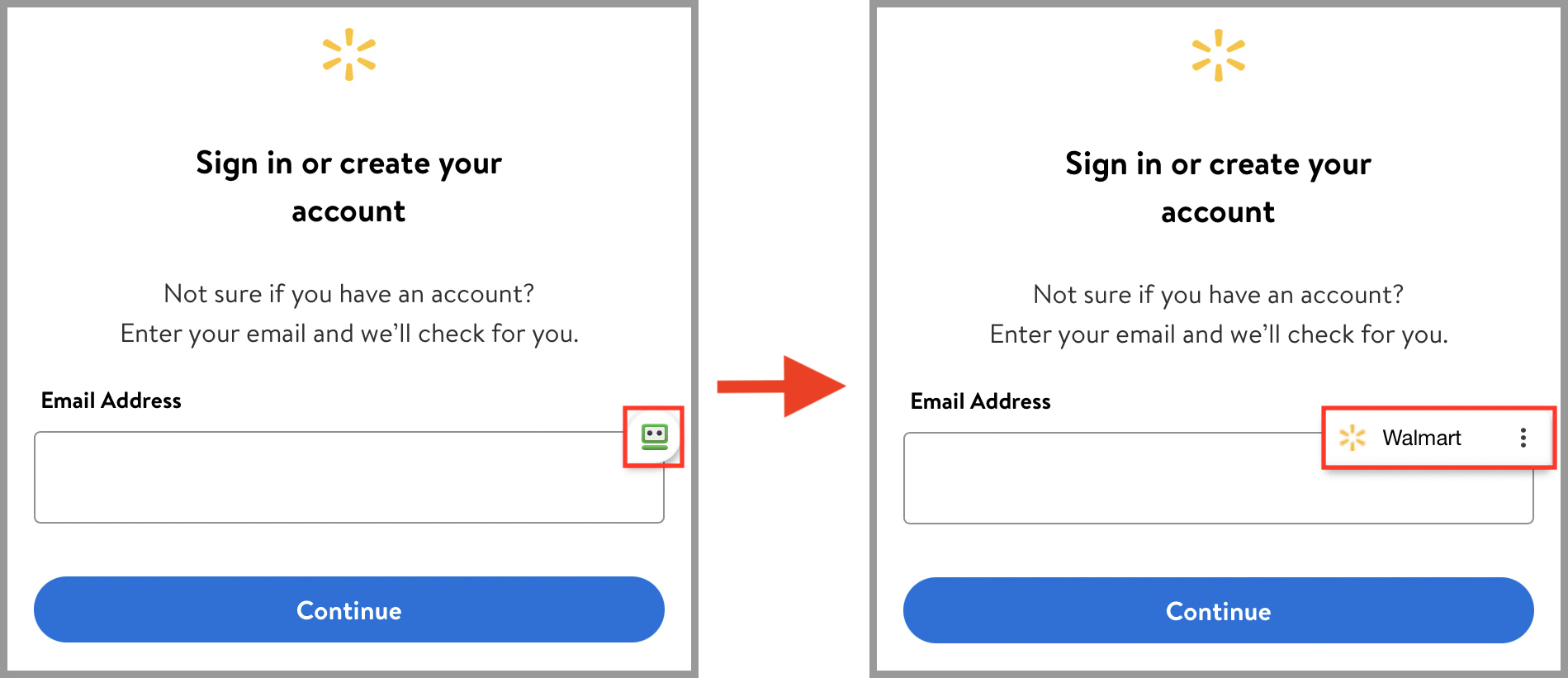 Walmart sign-in page example with options to enter email address and continue, showing RoboForm autofill icon next to the email field.