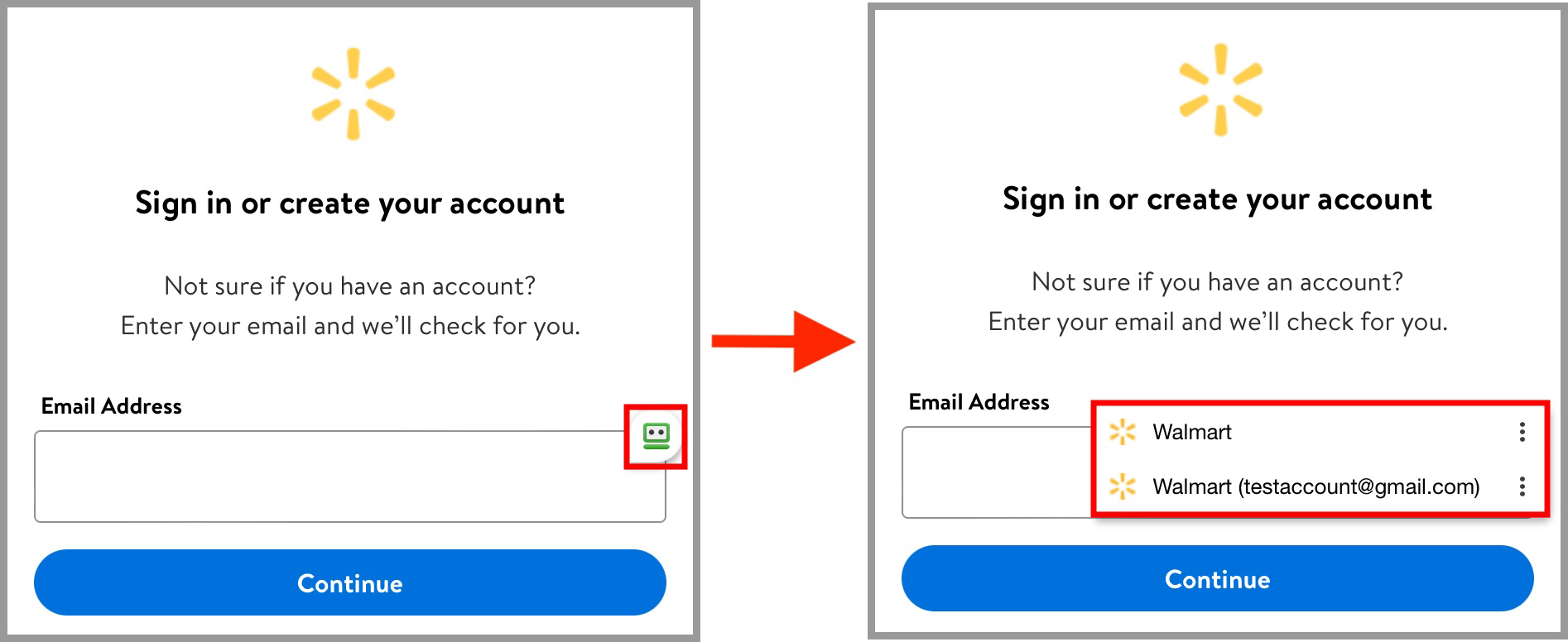 Sign-in screen with RoboForm offering to autofill a saved email address and account from the login credentials.