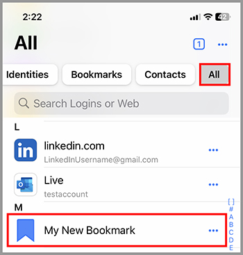 'All' tab with options for identities, bookmarks, contacts, and all logins, highlighting a new bookmark named 'My New Bookmark' along with other logins like LinkedIn and Live.