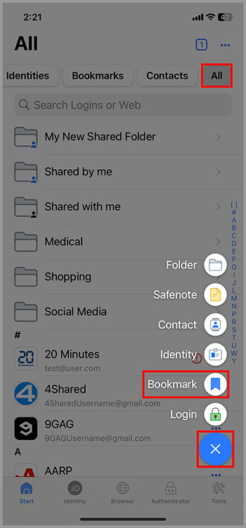 ‘All' tab with a new bookmark named 'My New Bookmark' alongside other shared folders and logins, displaying options for folder, safenote, contact, and bookmark creation.