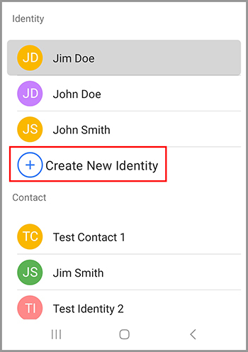 Identity selection showing a list of saved identities, including 'Jim Smith' and 'John Doe,' with an option to 'Create New Identity' at the bottom.