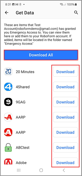 Download data screen with a list of items and the option to download all or individual files.