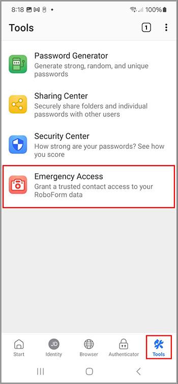 RoboForm Tools tab with Emergency Access option selected for assigning trusted contacts access to RoboForm data.