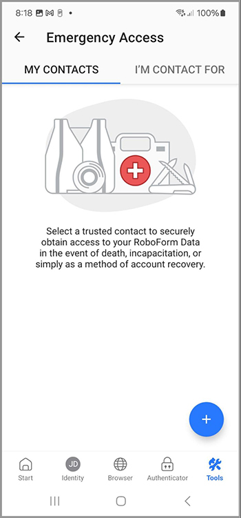 RoboForm Emergency Access, showing the option to select trusted contacts for secure data access.