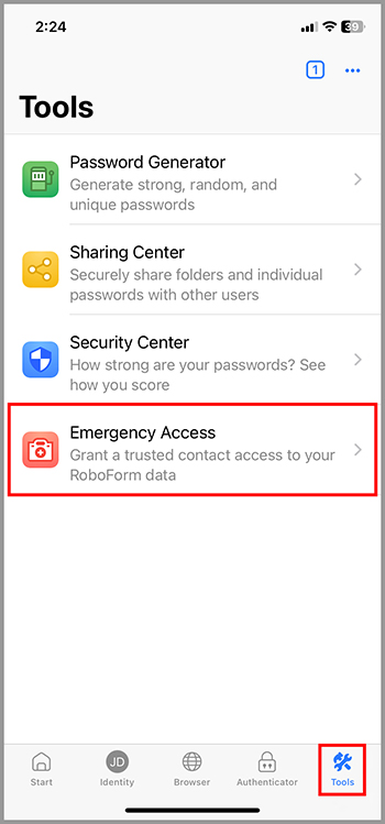 RoboForm Tools tab highlighting the Emergency Access option for granting trusted contacts access to data.