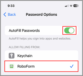 AutoFill Passwords enabled, with RoboForm selected as an option to fill in credentials.