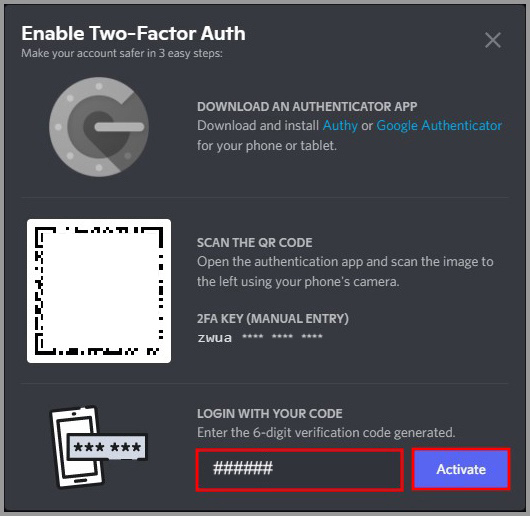 Enabling two-factor authentication with fields for QR code, manual entry key, and six-digit verification code.