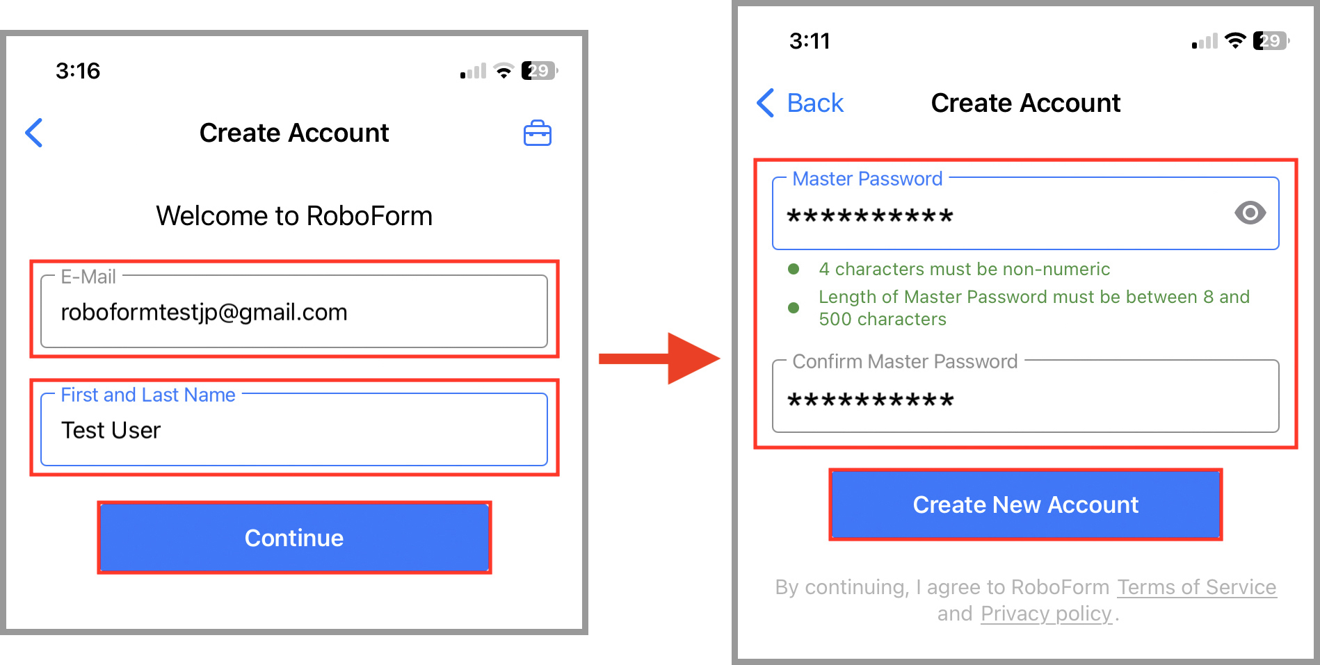 Account creation form with fields for email, first and last name, master password, and password confirmation.