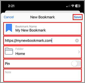 'New Bookmark' creation window with fields for bookmark name, URL, folder selection, and PIN, with a 'Save' button at the top.