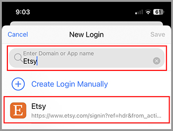 RoboForm prompt for entering a domain or app name, showing Etsy as an option to save a new login.