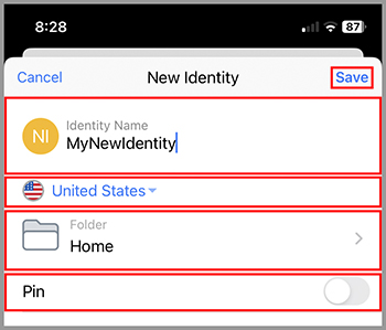 "New Identity" creation showing fields for identity name, country, and folder selection with a save option.