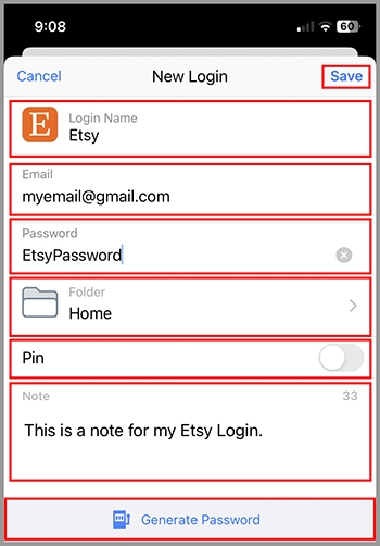 Creating a new login, showing fields for login name, email, password, and folder, with an option to generate a password.