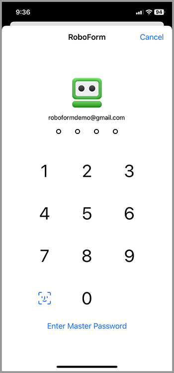 RoboForm PIN entry screen with a numeric keypad and an option to enter the Master Password.