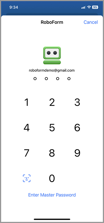 PIN entry interface with a numeric keypad and an option to enter the Master Password.