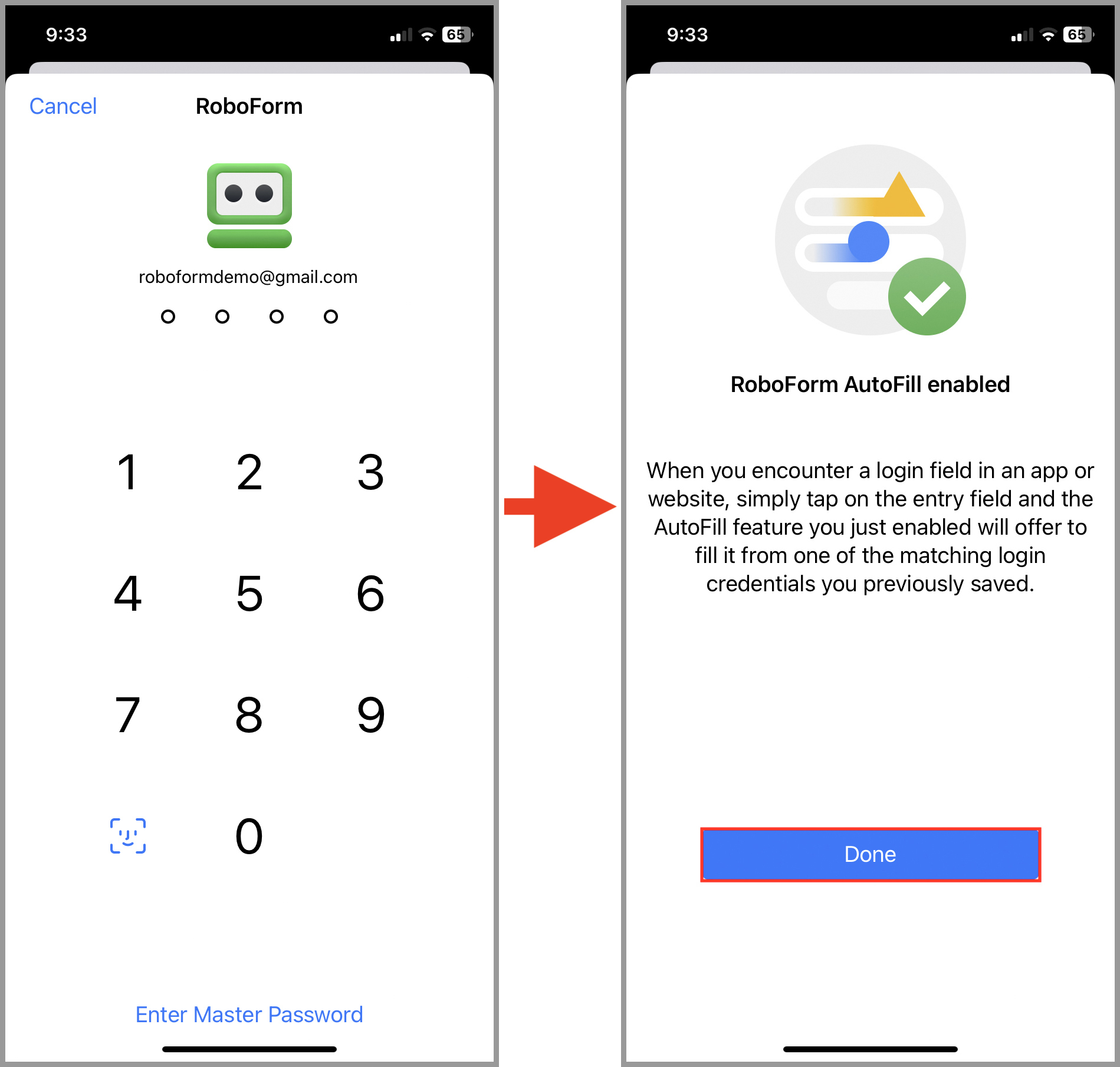 RoboForm login requiring a PIN, followed by a message confirming that AutoFill has been enabled.