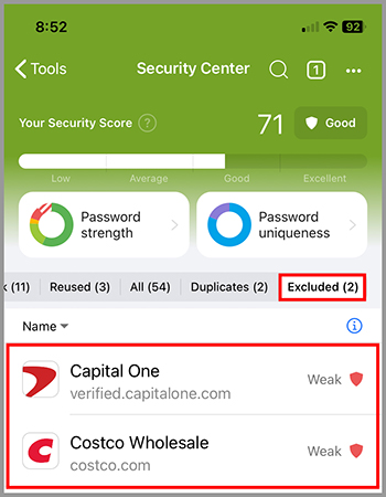 The Excluded tab in the Security Center.