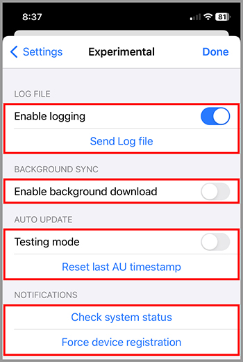 The Experimental tab in the Settings menu on iOS.