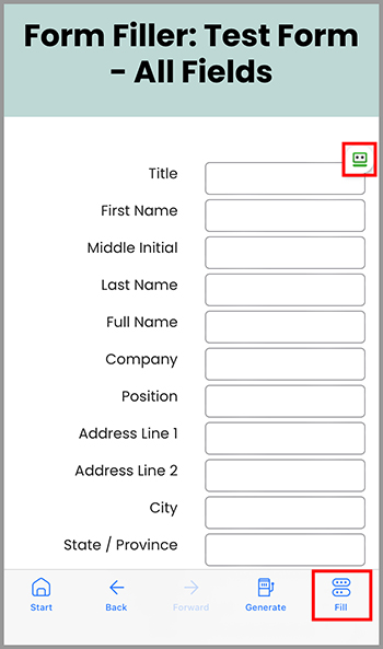 Form filler for entering personal information, showing fields like name, company, and address, with a "Fill" option.