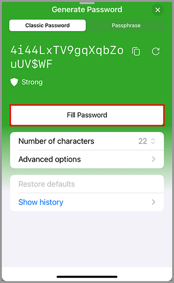 RoboForm for iOS application displaying a generated strong password, with options to fill the password and adjust settings.