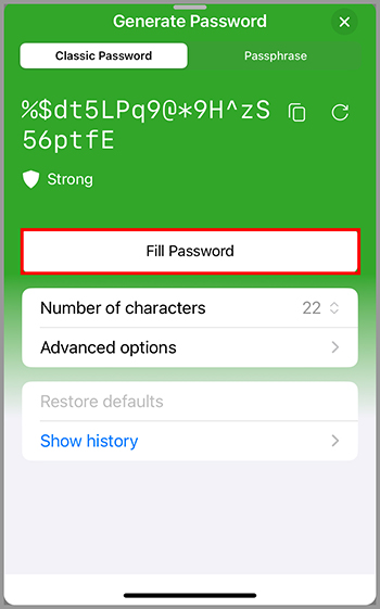 Generated strong password with an option to fill the password.
