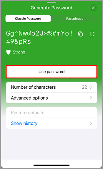 RoboForm password generator displaying a strong, randomly generated password with options to use the password, customize the number of characters, and view advanced settings.