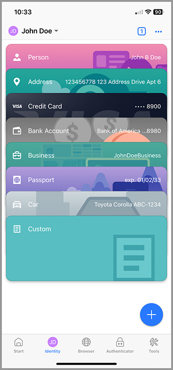 Identity details for "John Doe" displaying personal info, address, credit card, bank account, and passport details.