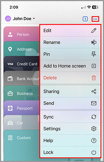 Identity options menu for "John Doe," showing actions like edit, rename, pin, delete, and sync.