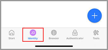 "Identity" tab selected, represented by icon with the initials "JD for John Doe." A blue plus button is on the right for adding new items.