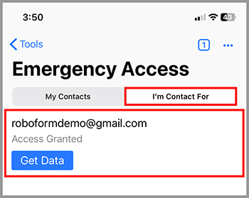 Emergency access displaying access granted to a contact and an option to get data.