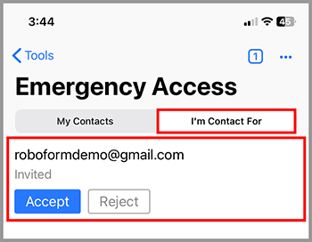 Emergency Access request, allowing acceptance or rejection for the contact.