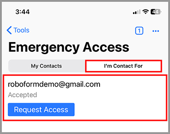 Request emergency access as the accepted contact for RoboForm emergency access.