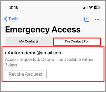 Emergency access displaying a request from a contact and an option to revoke the request.