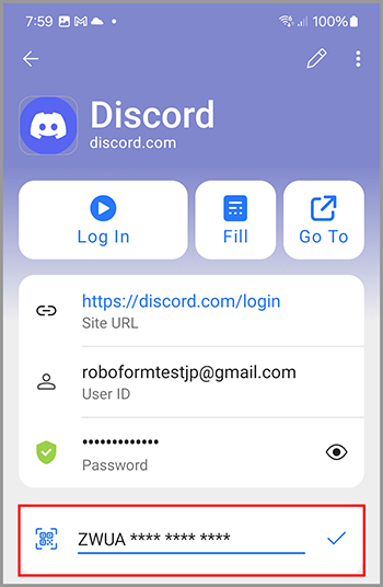 Login screen with the 2FA secret key partially obscured and an option to scan a QR code.