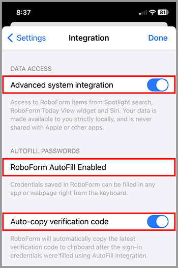 The Integration tab in the Settings menu on iOS.