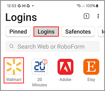 Logins screen showing saved login entries, including Walmart, 20 Minutes, Bank of America, and E-Trade, with a search bar for logins or web.