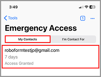 Emergency access showing access granted to a contact after seven days.