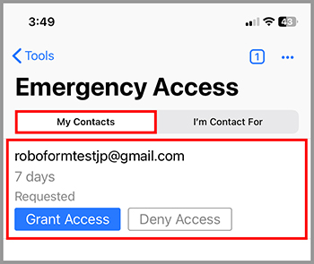 Emergency access with a pending request and options to grant or deny access to a contact.