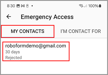 Emergency access showing a rejected request from a contact after 30 days.