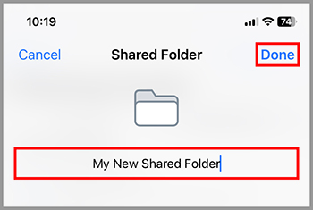 New shared folder being named 'My New Shared Folder' with the 'Done' button highlighted.