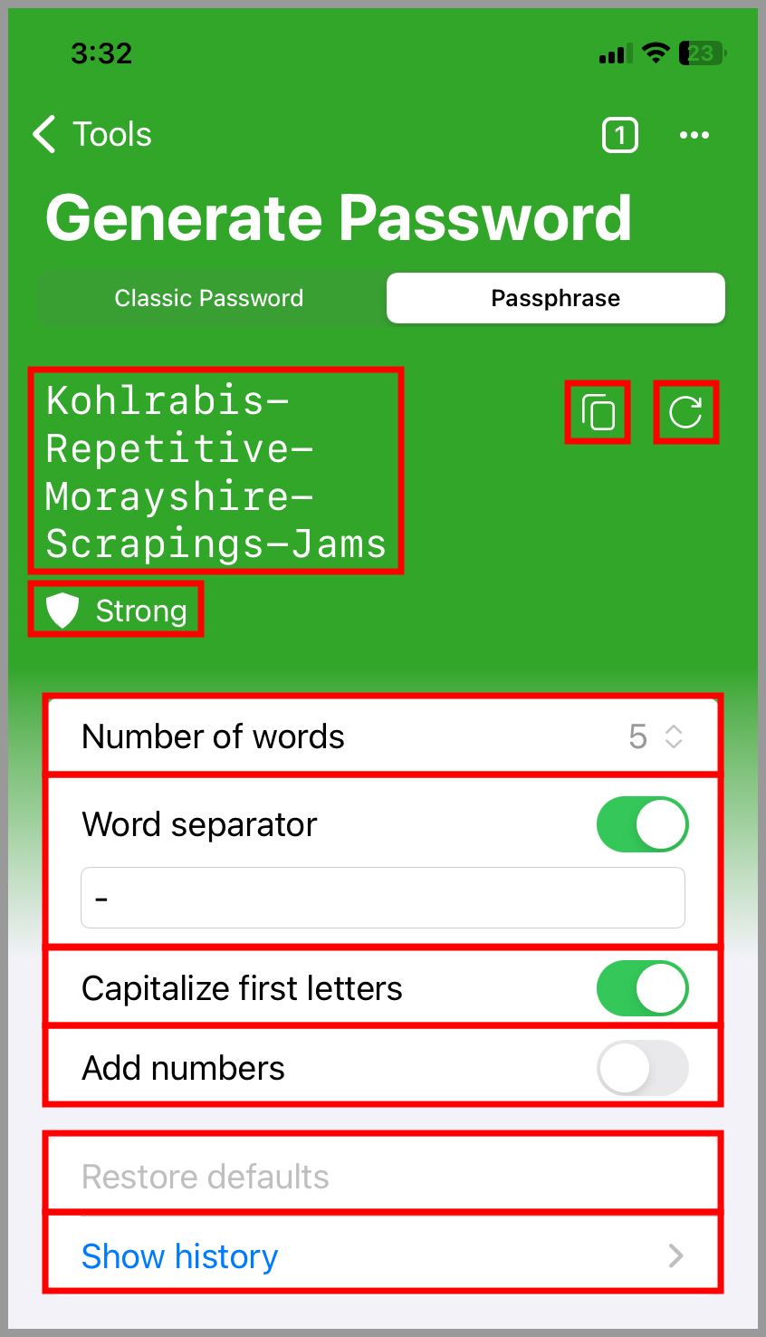 Passphrase generator displaying a strong passphrase with customizable options like word separator and number of words.