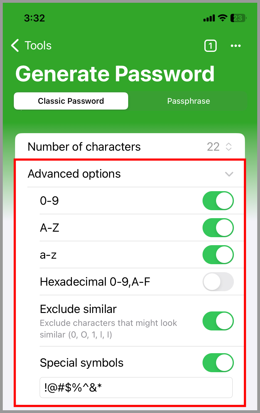 Password generator advanced options including number of characters, exclusion of similar characters, and special symbols.