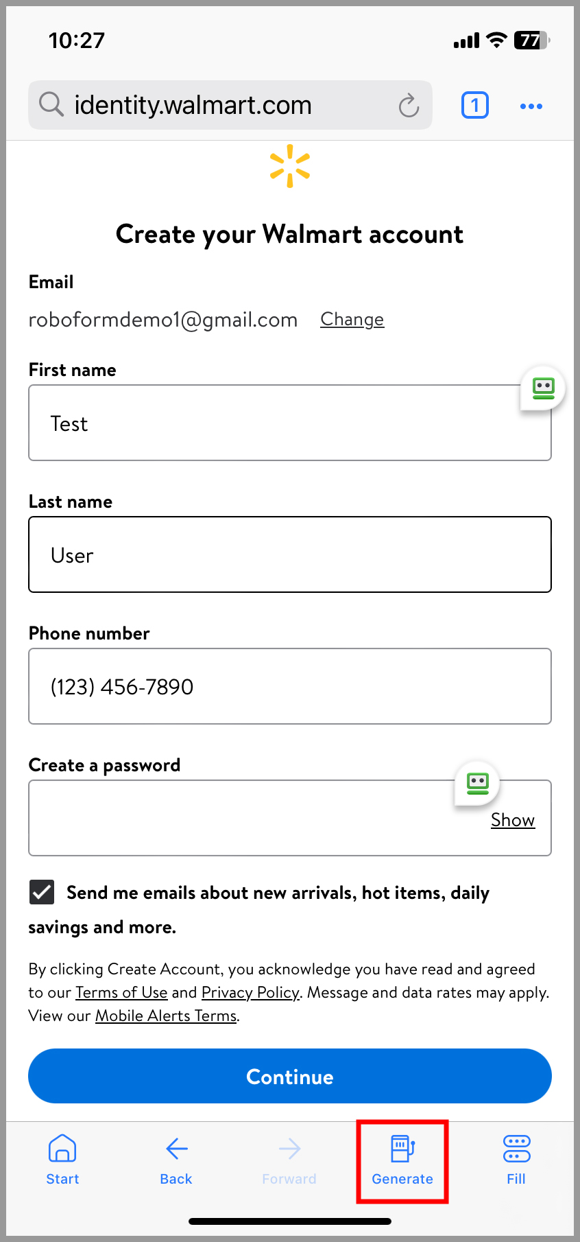 RoboForm password generator with Walmart account creation form, with 'Generate' button highlighted at the bottom.